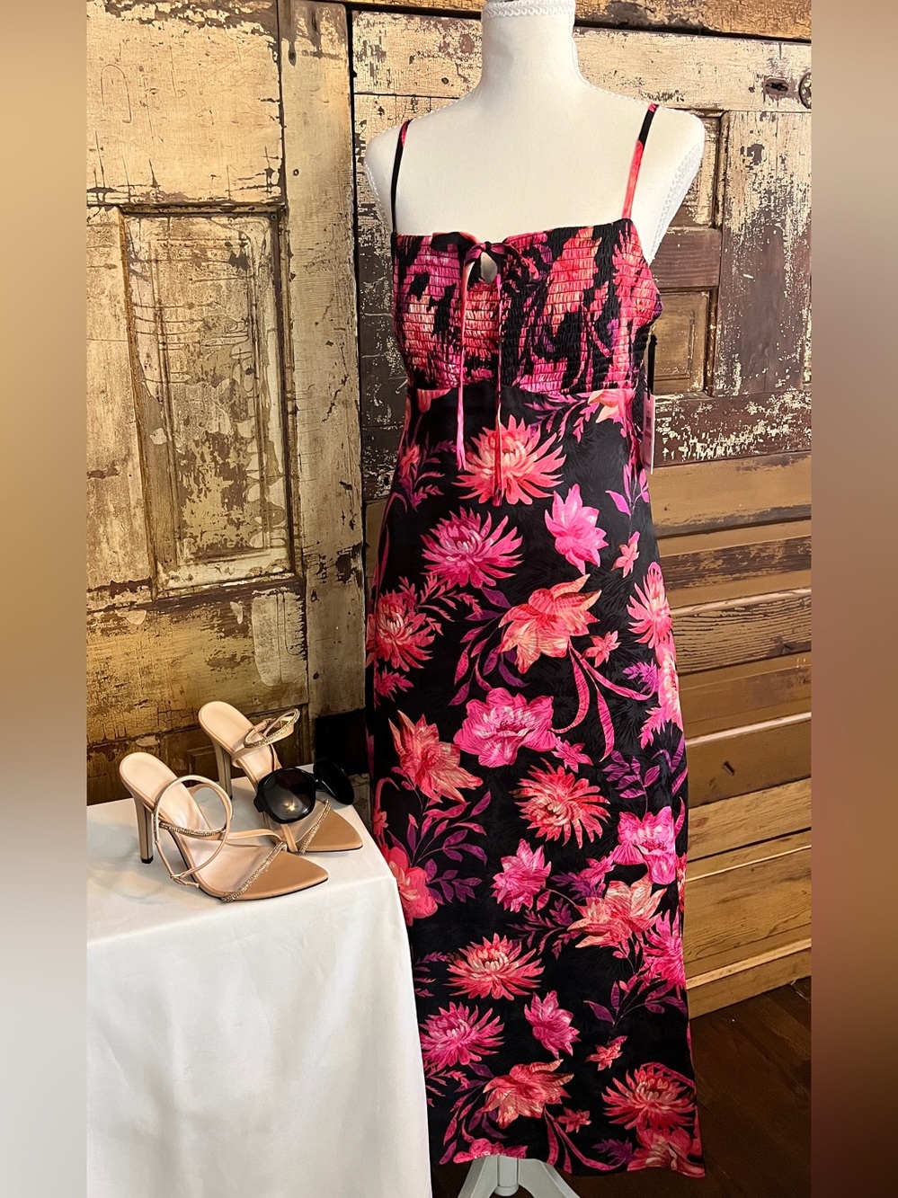 NWT Kensie Tropical Floral Midi Dress | Pink Black Cutout Smocked Sundress
